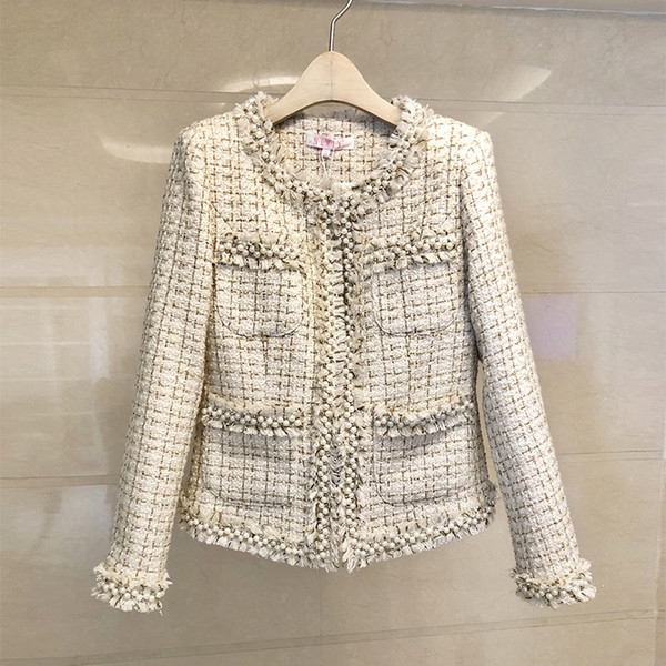 JSXDHK Small Fragrance Luxury Women Tassel Jacket Coat Runway Autumn Winter Tweed Beading Pearl Slim Fringe Weave Overcoat