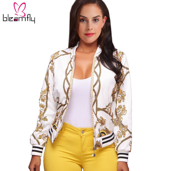 Wholesale- Autumn Ladies Bomber Jackets Retro Baseball Coat for women White Black Print Feminina Basic Outwear Gold Chain Print Clothes