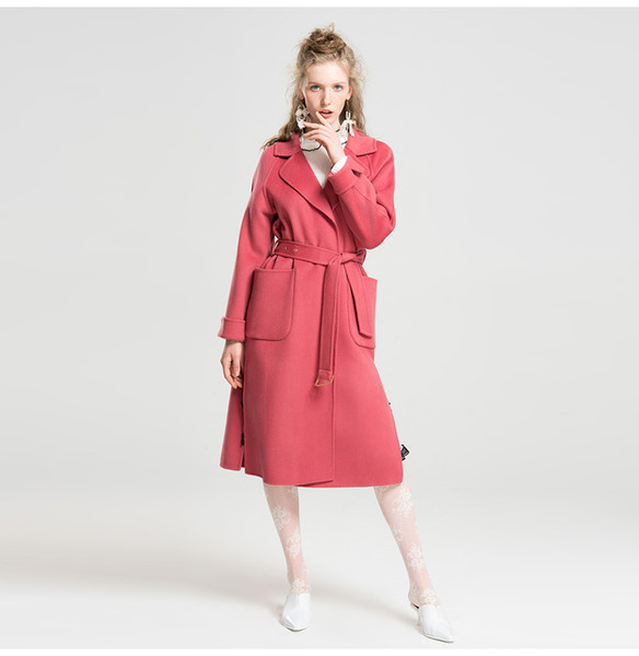 women clothing lazy style irregular peach powder slim fit strapless suit cashmere double-sided woolen coat mid-length loose wool coat