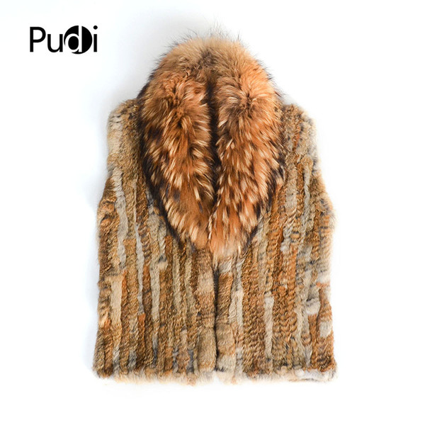 Pudi VT807 The new women vest Real Knitted Rabbit Fur Vest With Pocket Raccoon Fur Collar Waistcoats Women