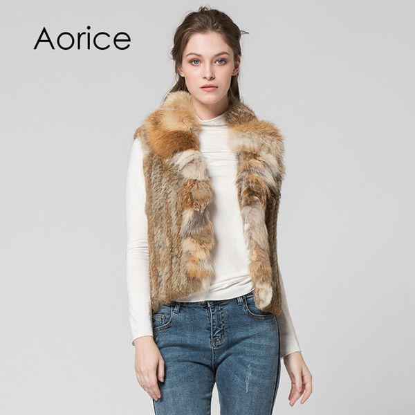 Pudi VT7007 Brand new winter genuine fur vest Classical Knitted Rabbit Fur Vest Gilet with fox fur collar vest