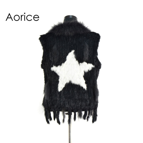 Pudi VR072 womens natural real rabbit fur vest with raccoon fur collar waistcoat/jackets handmade star