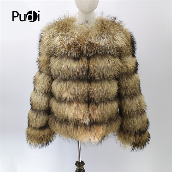 Pudi CT909 women new fashion Real Raccoon Fur Jacket O neck lady Dog fur Natural Fur Coats