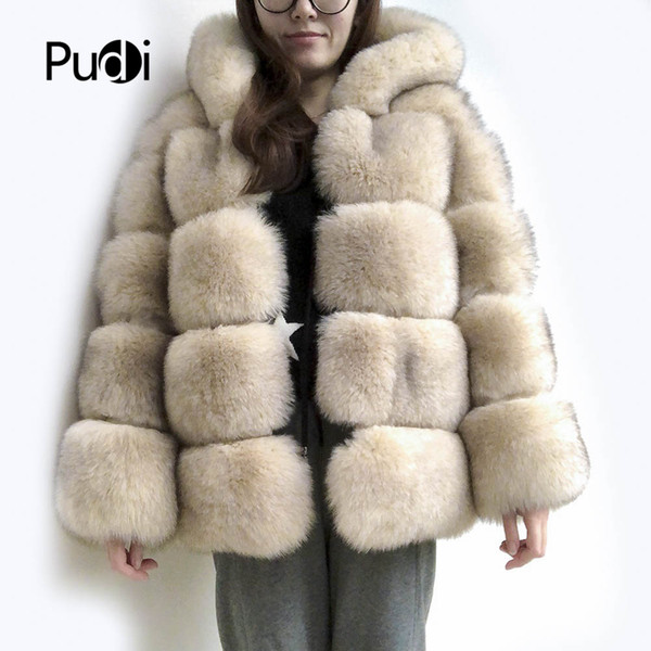 Pudi CT913 women knitted Real fox fur hood coat jacket overcoat lady fashion winter warm genuine fur coat outwear