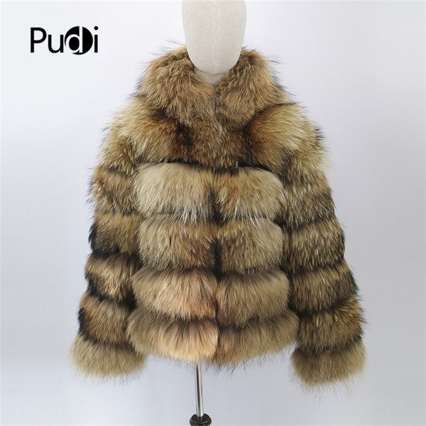 Pudi CT909-2 women new fashion Real Raccoon Fur Jacket V neck lady Dog with hood or standing collar Natural Fur Coats