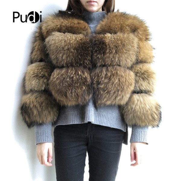 Pudi CT909-1 women new fashion Real Raccoon Fur Jacket V neck lady Dog Three panels fur Natural Fur Coats