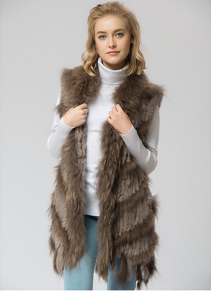 Pudi VR039 Knitted knit new real rabbit &raccoon fur vest overcoat jacket women's winter warm genuine fur vest plus size