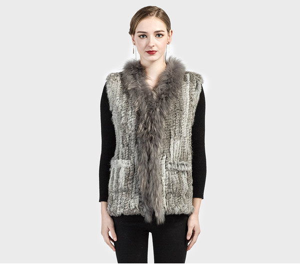 Pudi VR004 The new women vest Real Knitted Rabbit Fur Vest With Pocket Raccoon Fur Collar Waistcoats Women quality A