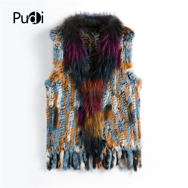 VR032-7 Pudi autumn fashion Women genuine rabbit fur vest with real Raccoon fur collar short lady multiple color vest