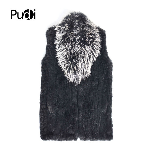 Pudi VT808 The new women vest Real Knitted Rabbit Fur Vest With Pocket Raccoon Fur Collar Waistcoats Women