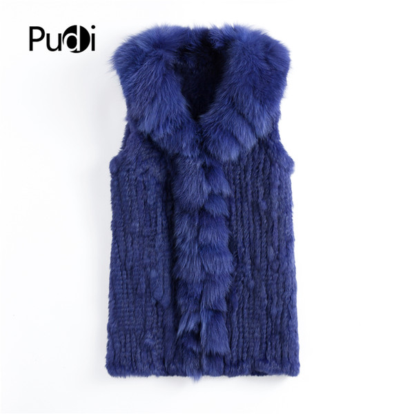 VT901 Pudi autumn fashion Women genuine rabbit fur vest with real fox fur collar long lady casual coat