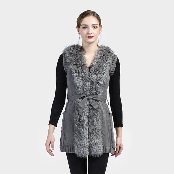 Pudi VT7015 2018 winter women genuine fur knitted vest waistcoat/jackets garment sleeveless with Mongolian fur collar gielt with belt