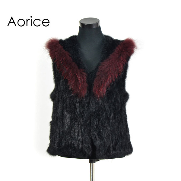 Pudi VR043-1 Knitted knit new real rabbit &raccoon fur vest overcoat winter jacket women warm genuine fur vest plus size