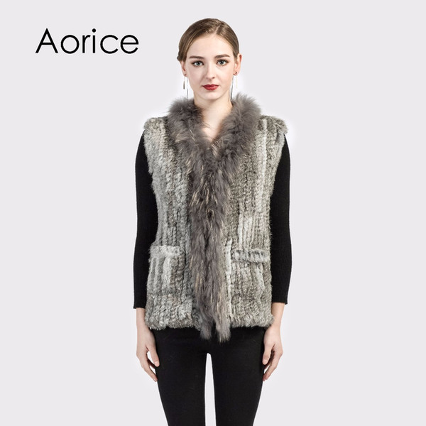 Pudi VR004 The new women vest Real Knitted Rabbit Fur Vest With Pocket Raccoon Fur Collar Waistcoats Women