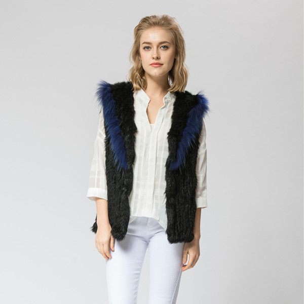 Pudi VR043 Knitted knit new real rabbit &raccoon fur vest overcoat winter jacket women warm genuine fur vest plus size