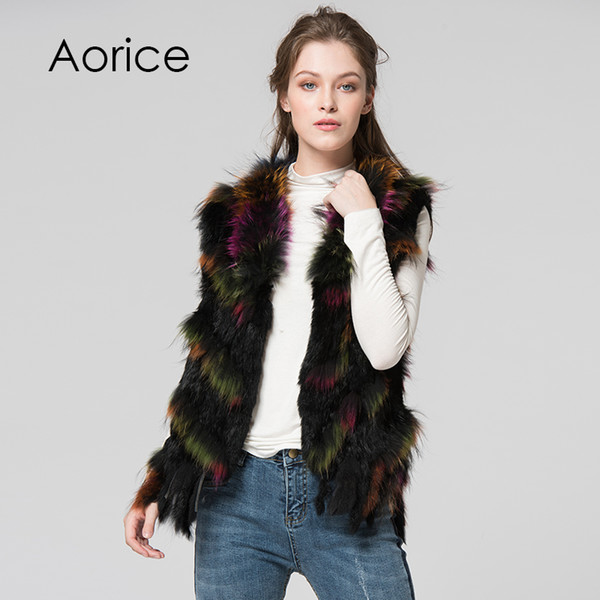 Pudi VR080 new women's vest Real Knitted Rabbit Fur Vest with tassel Raccoon Fur Collar Waistcoats new Women quality A