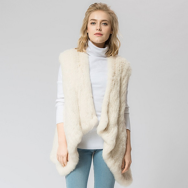 Pudi VR054 Knitted knit new fur coat women's real rabbit fur vest overcoat jacket women's winter warm genuine fur vest plus size