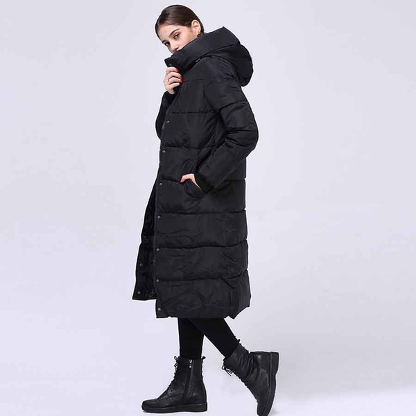 New 2018 Fashion Ladies Down Coat Long Design Coat Winter Cotton Trench Coat Jacket Women Slim Solid Zipper Black Outerwear Free Shipping