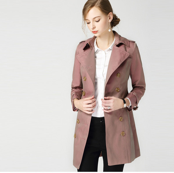 Women Lapel Neck Waterproof Windproof Spring Autumn Outerwear Sexy Slim Middle Length England Style Double Breasted Overcoat