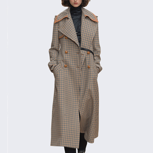 Autumn Winter Long Dresses Women Plaid Trench Coat Fashion Lapel Neck Outerwear Coat Luxury Women Clothing Long Sleeve Jackets