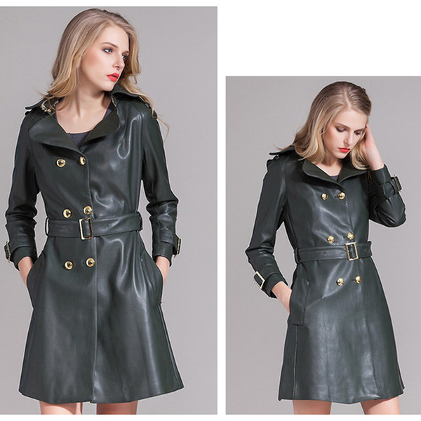 Autumn Female Coat European and American Luxury Fashion Leather Overcoat Girls Middle Long Sheepskin Leather Coat Winter Warm Outerwear