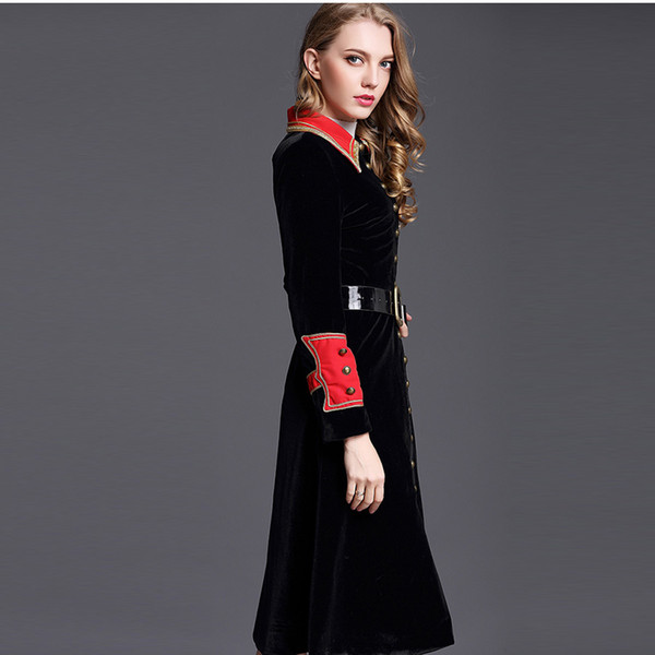 Autumn Winter Women Velvet Clothing Long Sleeves Outerwear England Style Coats Fashion Ladies Trench Coats Red and Black Free Shipping