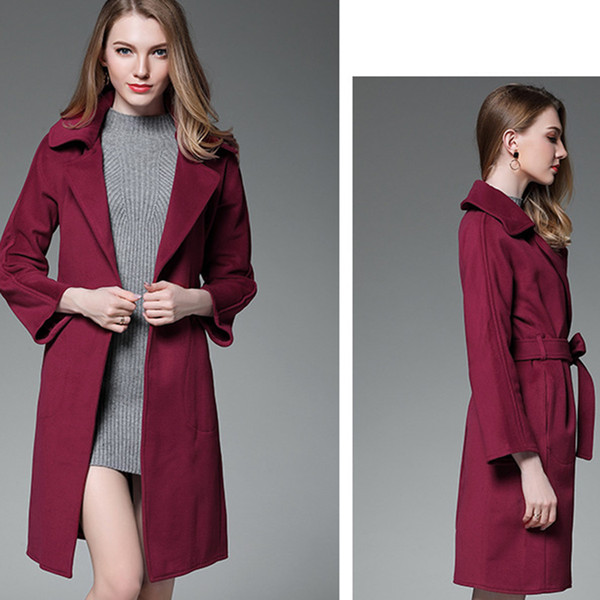 Autumn Winter Women Long Sleeves Warm Wool Jacket European And American Style Claret Color Fashion Coat Lapel Neck Trench Coats