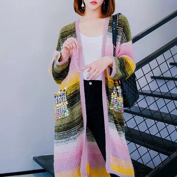 Multicolour Sweater Coat Women Runway New Autumn Winter Women Cardigan Knit Jacket Long Sequin Coat Female