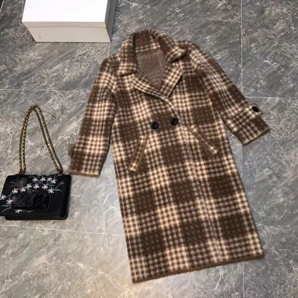 Plaid Cashmere Long Coat Women Winter Warm Runway Female Straight Jacket Long Sleeve Double Breasted Woolen Coat