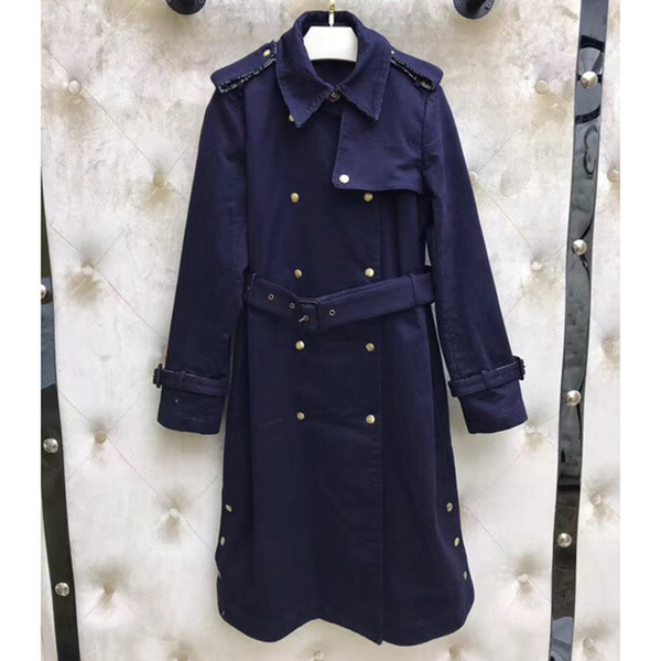 Navy Blue Trench Coats Winter High Quality Brand 2018 Long Trench Coat Jacket Slim New Fashion Womens Solid Color Cotton Coat Outerwear