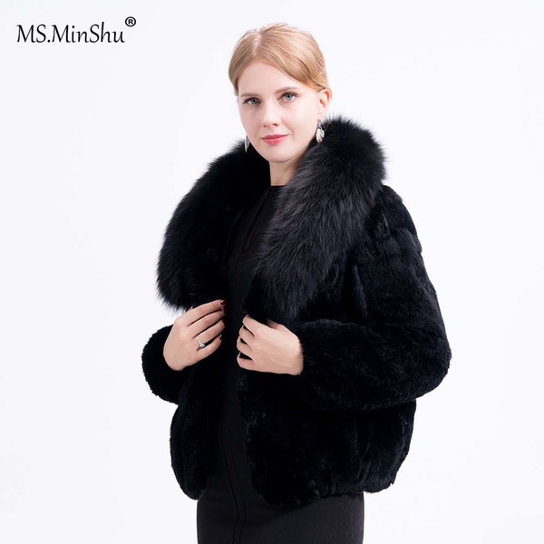 MS.MinShu Women Coat Fox Fur Collar Rex Rabbit Fur Coat Full sleeves Lady's Jacket Women Winter Coat