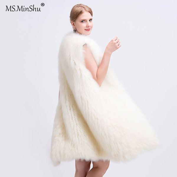 MS.MinShu Women Long Style Genuine Fox Fur Vest Hand Knitted Fox Coat Lightly Real Fur Vest Gilet Fox jacket