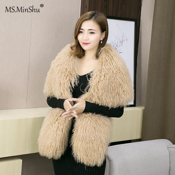 MS.MinShu Mongolian Lamb Hair Stole Real Fur Wrap with Sleeves Women Poncho Fashion Tibet Lamb Fur Big Scarf Drop 