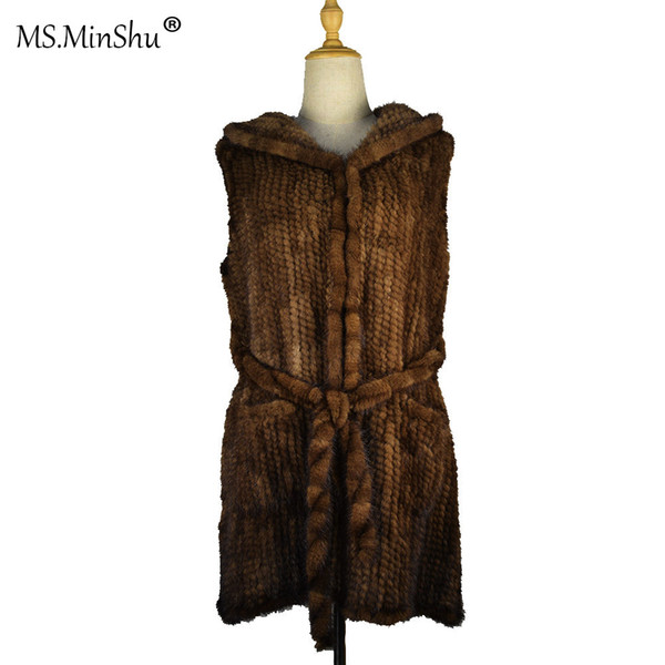 MS.MinShu Genuine Mink Hair Vest Women Real Fur Coat with Fur Hood and fur belt Vest Warm Custom Made 