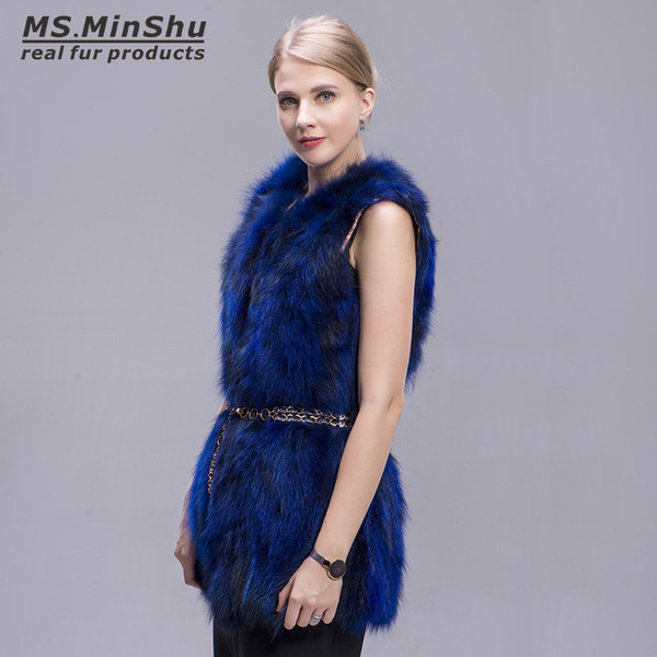 Raccoon Fur Vest Sleeveless Woman Genuine Fur Coat Thick Warm Fur Waistcoat Winter Gilet Fox Waistcoat middle length Ms.MinShu