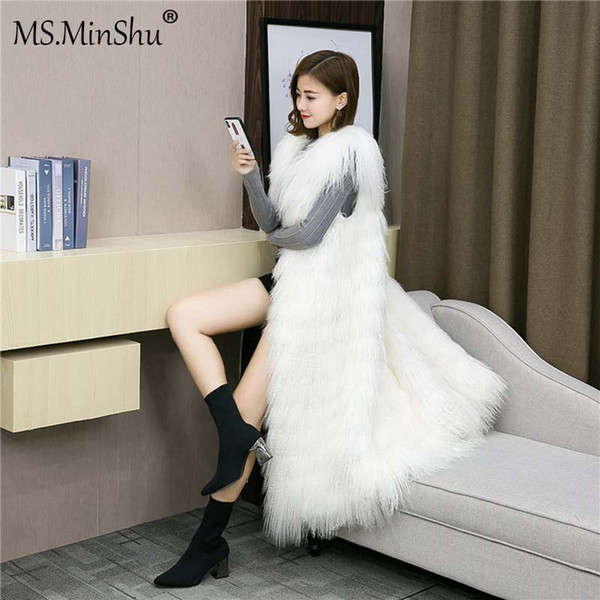 MS.MinShu Genuine Fur Vest Long Coat Winter Mongolian Lamb Hair Vest Waistcoat Vest Fluffy Fur Gilet Female Fashion coat