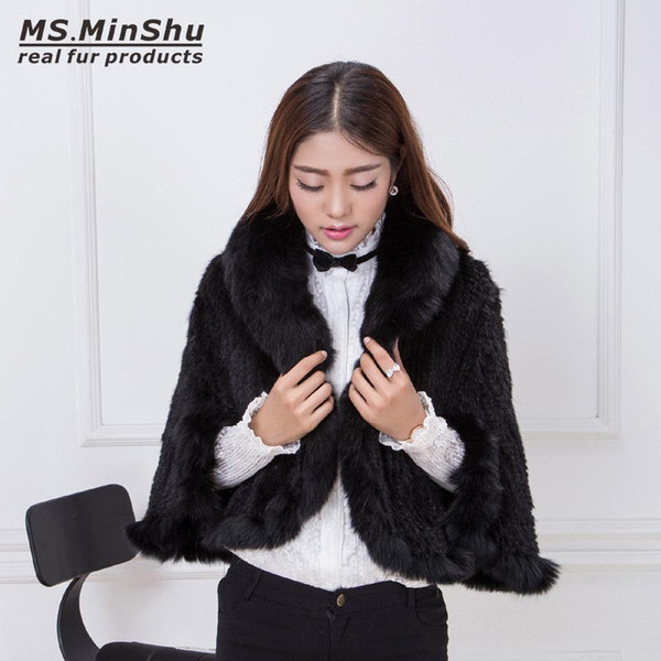 Mink Poncho Jacket Hand Knitted Fur Coat Fox Fur Collar Women Outwear Sleeveless Woven Mink Cape Ms.MinShu