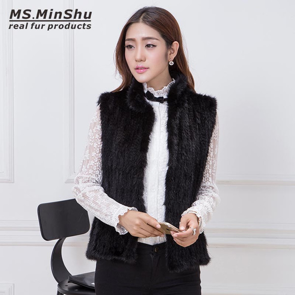 MS.MinShu Hand Knitted Genuine Fur Vest Women Fur Gilet With Zipper Lady Vest Warm Regular Long Custom Made 