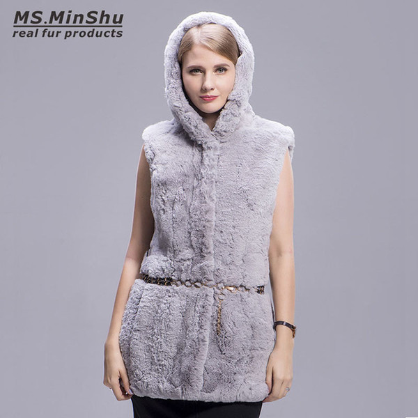 Fashion Winter Jacket Fur Coat Women Hooded Fur Coat Genuine Rex Rabbit Waistcoat Sleeveless Elegant Women Coat Ms.MinShu