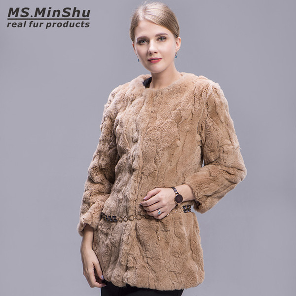 Fashion Women Rabbit Fur Jacket Winter Rabbit Fur Coat Long Genuine Rex Rabbit Outwear With Pocket Belt Ms.MinShu