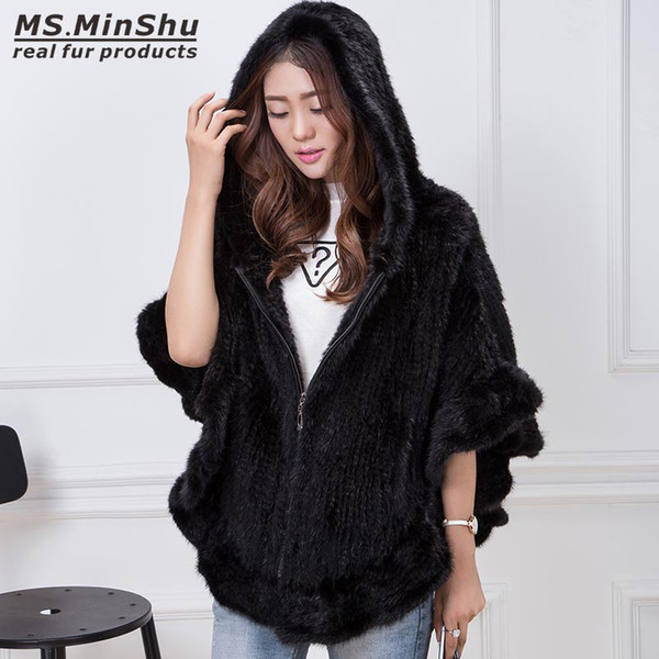 Hand Knitted Mink Poncho Women Real Fur Cape Hooded Coat Zipper Fashion Lady's Outwear Genuine Mink Shawl MS.MinShu