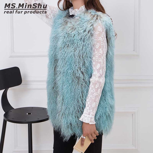 MS.MinShu Mongolian Lamb Fur Vest Fashion Lady's Gelit Tibet Lamb Fur Coat Sleeveless Winter Long Hair Waistcoat Female Coat