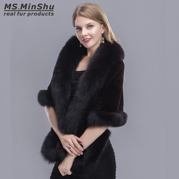 Fox Fur Trimmed Rex Rabbit Cape Fox Fur Shawl Winter Women Genuine Fur Poncho Pashmina Fashion Poncho Winter Cape Female MS.MinShu