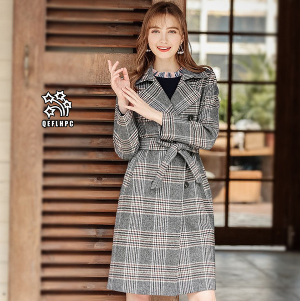 Lapel Neck Double-breasted Lattices Loose coat Woolen coat Fashion casual lady winter wear Women Wool & Blends Women Outerwear A13