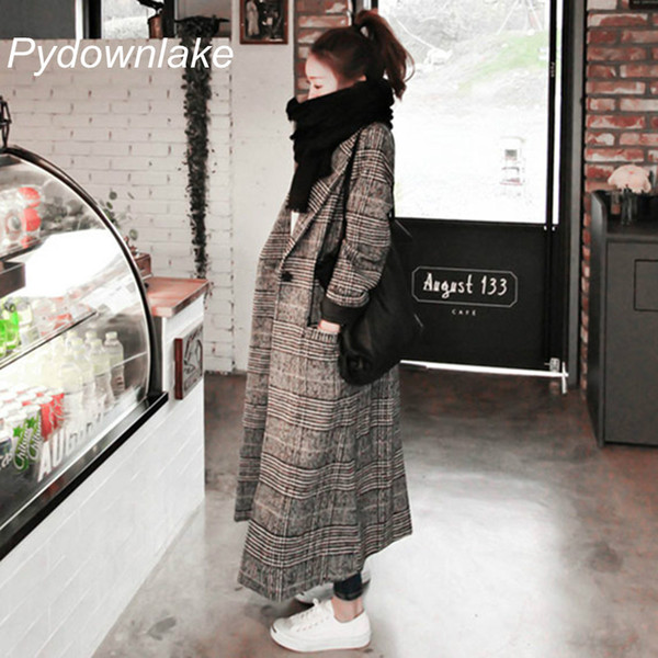 2018 Autumn Winter Woolen Overcoat Women Loose Fashion Wool Coat Korean Style Houndstooth long Section of lapel Wool coat Female