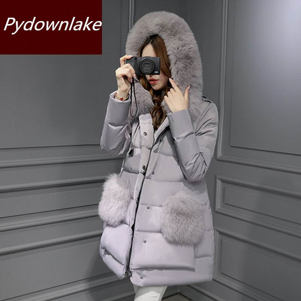 Plus Size Warm Fur Collar Hooded Parkas Jacket Coat European Style Medium Long Pink Women's Winter Jackets Pydownlake