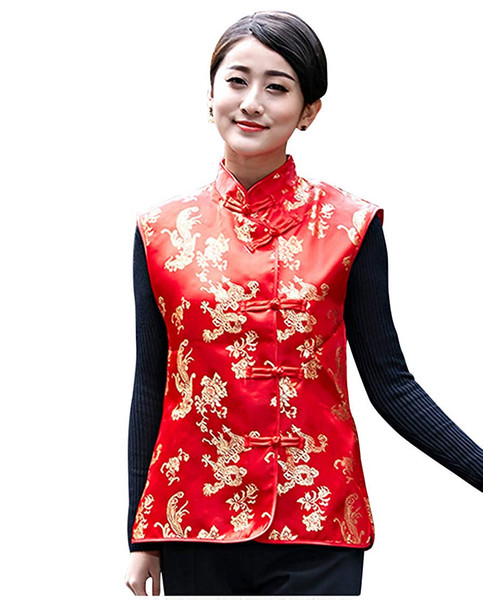 Shanghai Story Spring Autumn Dragon Phoenix Embroidery mandarin Collar Chinese Button Red Vest Embroidered Red Chinese Sleeveless jacke