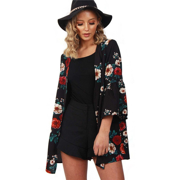 Hot Women Blouse 3/4 Sleeve Floral Printed Loose Chiffon Cardigan Shirt Top Blouse Ladies V-Neck Kimono Coat Black JC153