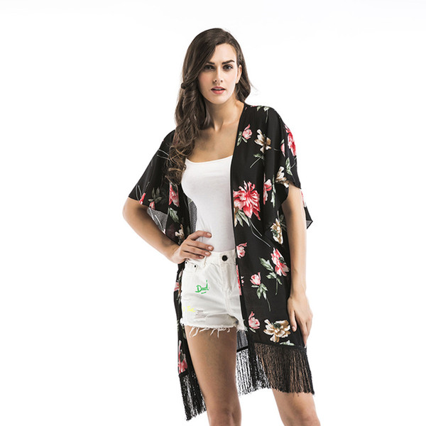 Floral Chiffon Shirt Women Spring And Summer Long Section Beach Chiffon Jacket Blouse Fringed Shawl jooyoo