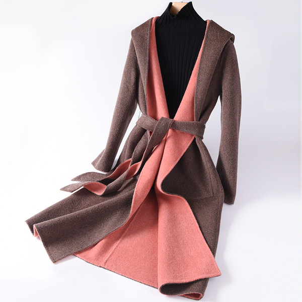 Autumn and winter new double-sided handmade cashmere coat women's long hooded belt two-color loose wool woolen coat